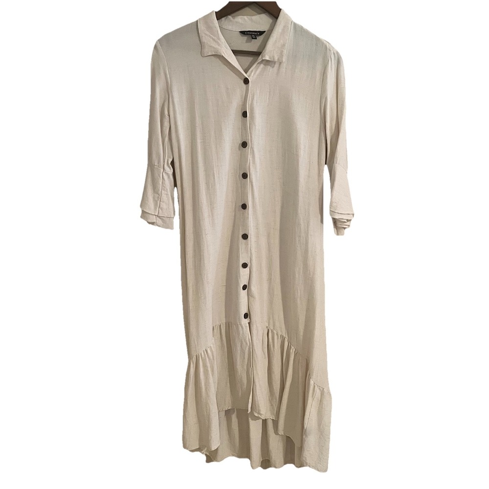 Cassee's Linen Blend Midi Dress S Ivory Tiered Bell Sleeve Ruffle Hi‎ Low